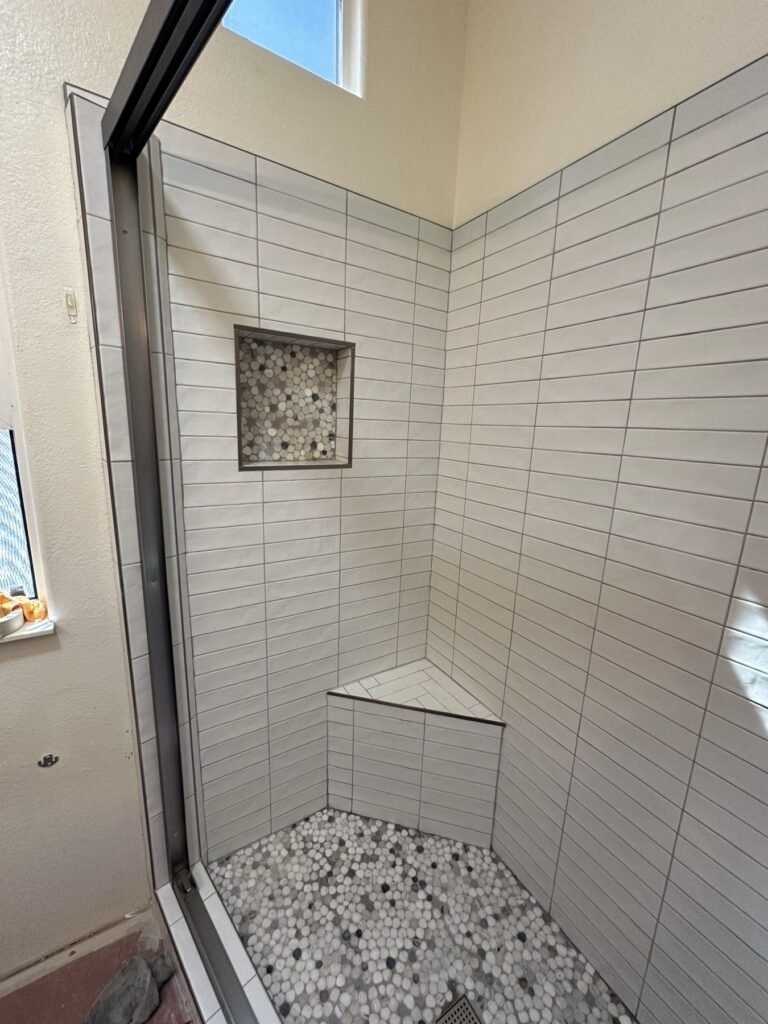Walk In Shower Tile Bench Pebble Floor